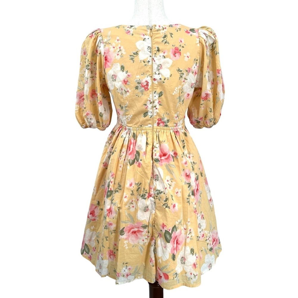 Abercrombie & Fitch Babydoll Dress Yellow Floral Puff Sleeves V-Neck Size Small - Picture 3 of 11
